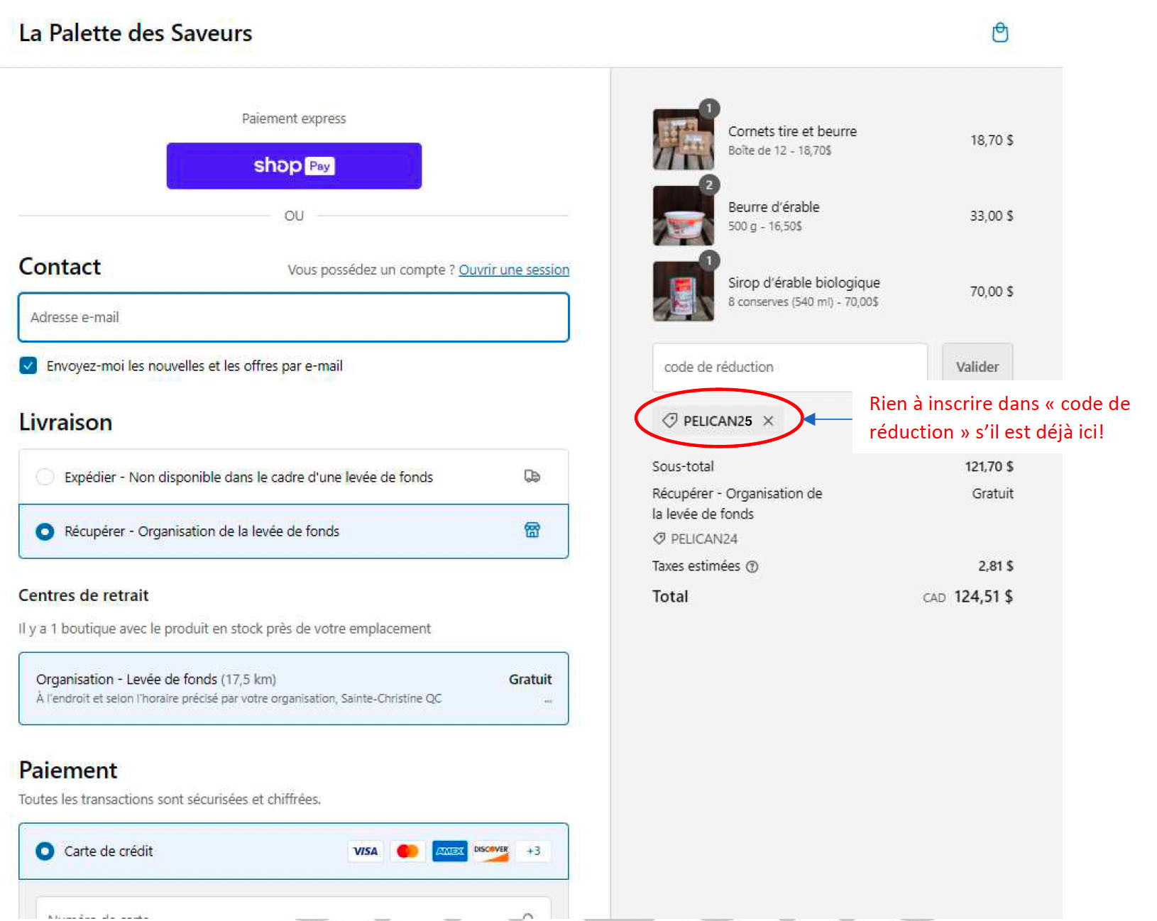 Capture d'écran illustrant l'endroit où le code promotionnel doit être ajouté